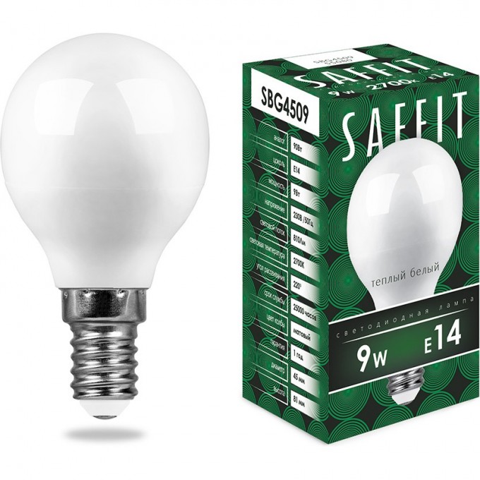 Лампа светодиодная FERON SAFFIT SBG4509 Шарик E14 9W 2700K 55080 Лампа светодиодная FERON SAFFIT SBG4509 Шарик E14 9W 2700K 55080