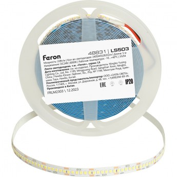 Лента светодиодная LS503 240SMD(2835)/м 22Вт/м 24V 5000*10*1.22мм 6000К, IP20 FERON Лента светодиодная LS503 240SMD(2835)/м 22Вт/м 24V 5000*10*1.22мм 6000К, IP20 FERON